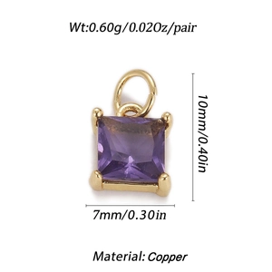 Detail view of gold-plated square purple zircon pendant with dimensions and 0.60g weight