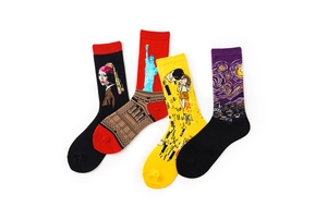 Artistic crew socks set featuring The Starry Night and Girl with a Pearl Earring patterns