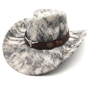 Detailed view of western cowboy hat with corduroy texture and silver bull head ornament