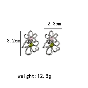 Silver flower studs with pink and green crystals, measurements 3.2cm by 2.3cm