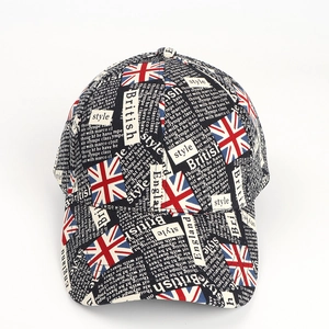 Vintage newspaper style baseball cap with Union Jack print and British letter graffiti
