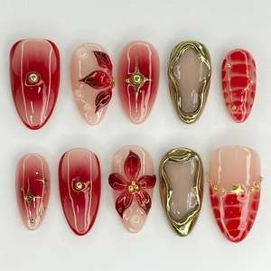 3D Camellia Flower Press On Nails Wine Red Gradient Gold Accents Elegant Almond Shape Long False Nails For Women