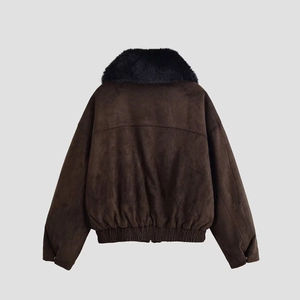 Women's brown faux suede jacket with large black faux fur collar and elastic hemline