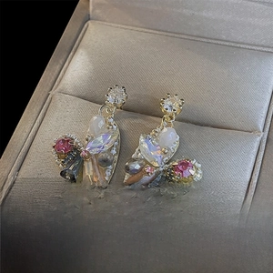 Exquisite luxury heart earrings with multicolor zircon crystals in a golden setting