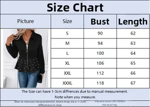 Size chart for elegant beaded jacket with bust and length measurements in centimeters