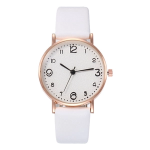 Detail view of quartz watch with white leather strap and rose gold case on white background