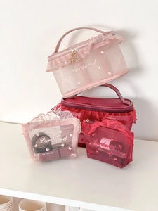 Mesh Cosmetic Bag Ruffle Makeup Pouch Embroidery Heart Star Transparent Travel Toiletry Organizer Portable For Girls