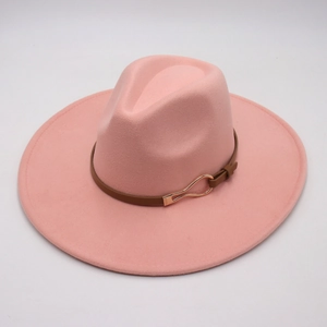 Detailed close-up of pink felt fedora hat featuring a brown leather belt with gold buckle