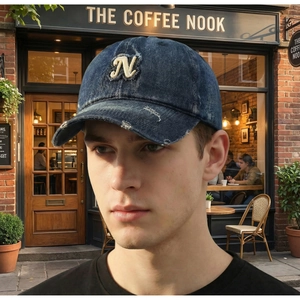 Detail of distressed navy denim baseball cap with white embroidered N letter patch