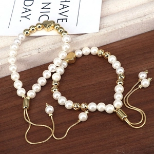 Adjustable Beaded Bracelet Gold Plated Copper Shell Artificial Pearl Heart Pendant Drawstring French Retro Jewelry For Women