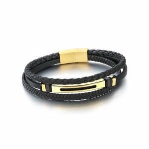 Men's multi-layer black braided leather bracelet with golden magnetic metal clasp