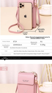 Detailed view of the pink vertical crossbody phone bag showing size specs and material