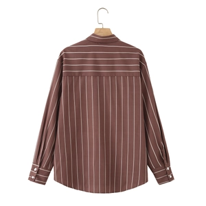 Brown striped long sleeve blouse for women featuring a stylish lapel collar back view