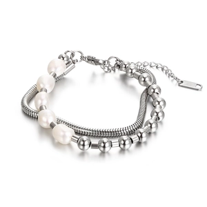 Double Layer Bracelet With Stainless Steel Snake Chain And Irregular Artificial Pearl Titanium Steel Jewelry For Unisex