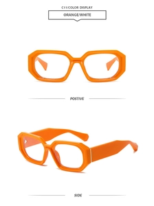 Detailed front and side views of orange and white square thick-frame retro sunglasses