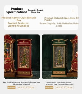 Macro view of Christmas music box detail showing the rotating tree and snowman in phone booth