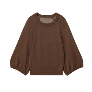 Women's brown crew neck knit sweater featuring stylish lantern sleeves and ribbed edges