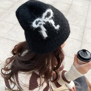 Plush Knitted Beanie Hat With Bowknot Jacquard Sweet Korean Style Warm Winter Skull Cap For Women