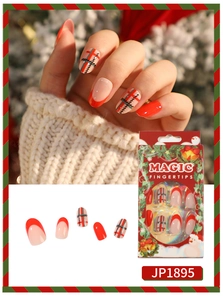 Short Christmas press-on nails with red and green plaid patterns and festive French tips