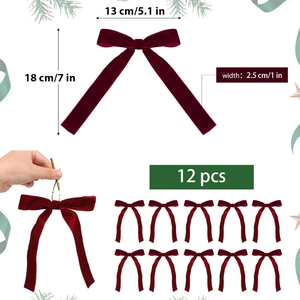 Set of 12 red velvet Christmas bows with gold ties, size 13x18cm for holiday tree decor