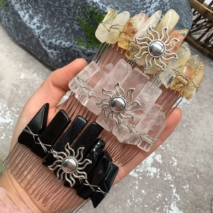 Handmade bohemian hair combs with natural quartz crystals and silver sun charm pendants