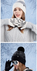 Close-up of winter knitted hat with faux fur pom and touch-screen gloves with goggles