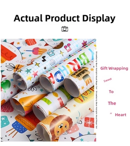Detail view of 80g colorful birthday gift wrapping paper with cartoon letters and balloons