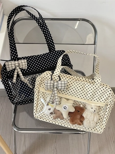 Japanese style polka dot ita bags with transparent PVC windows in black and beige canvas