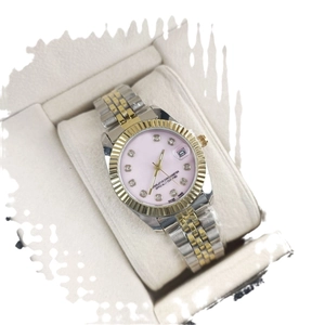 Two-tone steel women's watch with pink diamond dial and date display in a box