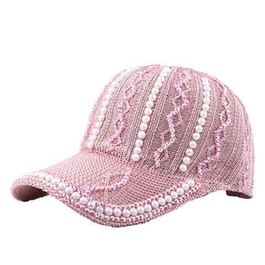 Rosa Strick-Baseballkappe für Damen mit weißen Perlen und funkelndem Strassstein-Dekor