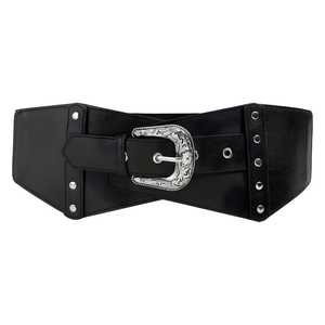 Vintage wide black elastic waist belt with silver carved western buckle and metal rivets