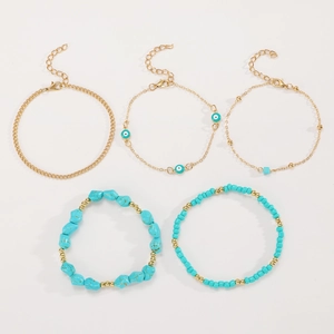 Set de 5 pulseras de cuentas turquesas y ojo turco con acabado en oro vintage