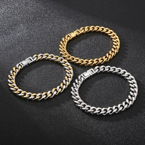 Mens curb chain bracelets in gold, silver and bicolor finish on black background