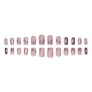 Set di 24 unghie finte rosa con motivi a cuore nero e linee argentate dinamiche e moderne