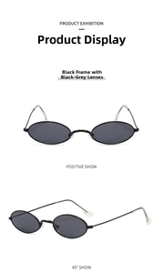 Front and side views of vintage oval sunglasses with black frames and grey lenses