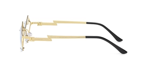 Detail of lightning-shaped gold metal frame temples with black temple tips for sunglasses
