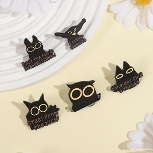 Funny animal cat and owl enamel pins set in punk style black and gold metal finish