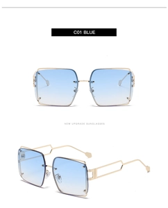Detail view of square metal punk sunglasses with blue gradient lenses and hollowed frame