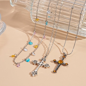 Vintage silver cross necklace set with rhinestones and amber gems for women