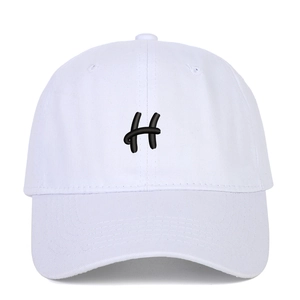 White cotton baseball cap with black embroidered H letter and curved brim for unisex wear