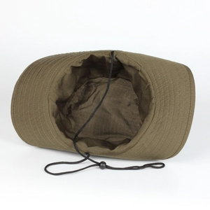 Detail of army green ripstop sun hat featuring adjustable chin strap and durable fabric