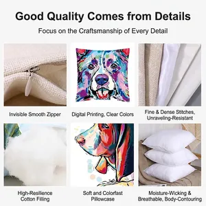 Digital print sofa cushion cover with colorful dog art and hidden zipper detail