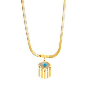 Gold evil eye necklace with shell inlay and fringe charms on snake chain