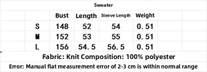 Detailed size chart for women's knit cardigan showing measurements for S, M, and L sizes