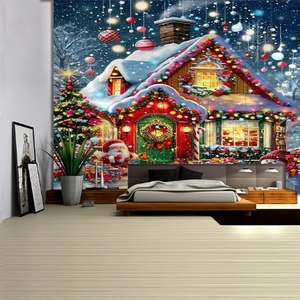 Detailed view of a cozy Christmas cabin tapestry displayed on a bedroom wall as festive decor