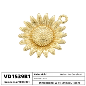 Detailed macro view of gold plated brass sunflower pendant with 14.5x17mm dimensions