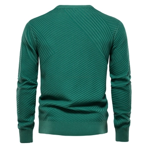 Back view of men's crewneck knit sweater in dark green with textured diagonal pattern