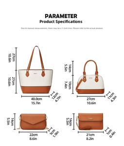 Size guide with detailed dimensions for tote, handbag, clutch and crossbody bag set