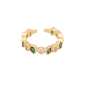 Gold adjustable ring with green pear-shaped gemstones and sparkling white zircons