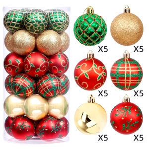 Detailed view of 30-piece Christmas ball set with red, green, and gold textured ornaments